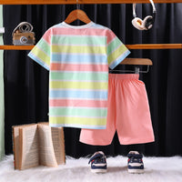Boys Multicolor Striped Hello Printed T-Shirt With Shorts Sets Sets
