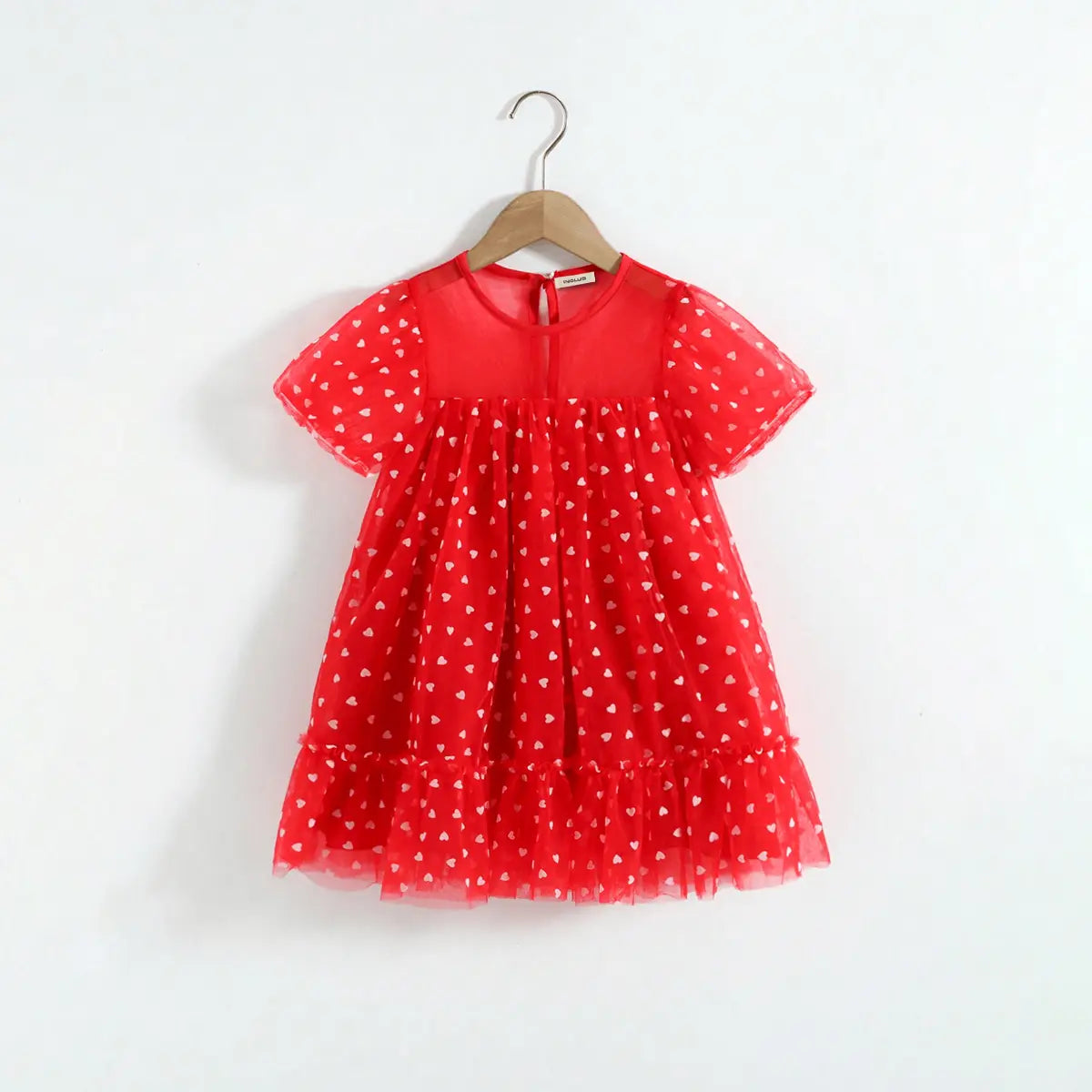 Girls Red Heart Print A-line Dress With Ruffle Hem Casual Dresses