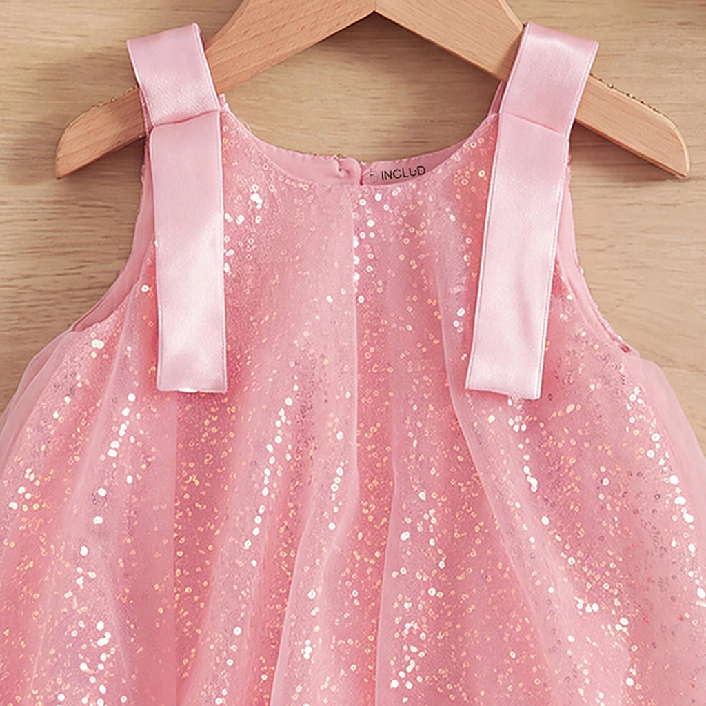 Girls Pink Sleeveless Sequins Embellished Balloon Dress Casual Dresses