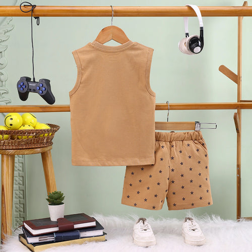 Boys Light Brown Captain Typography Vest With Drawstring Shorts Sets Sets