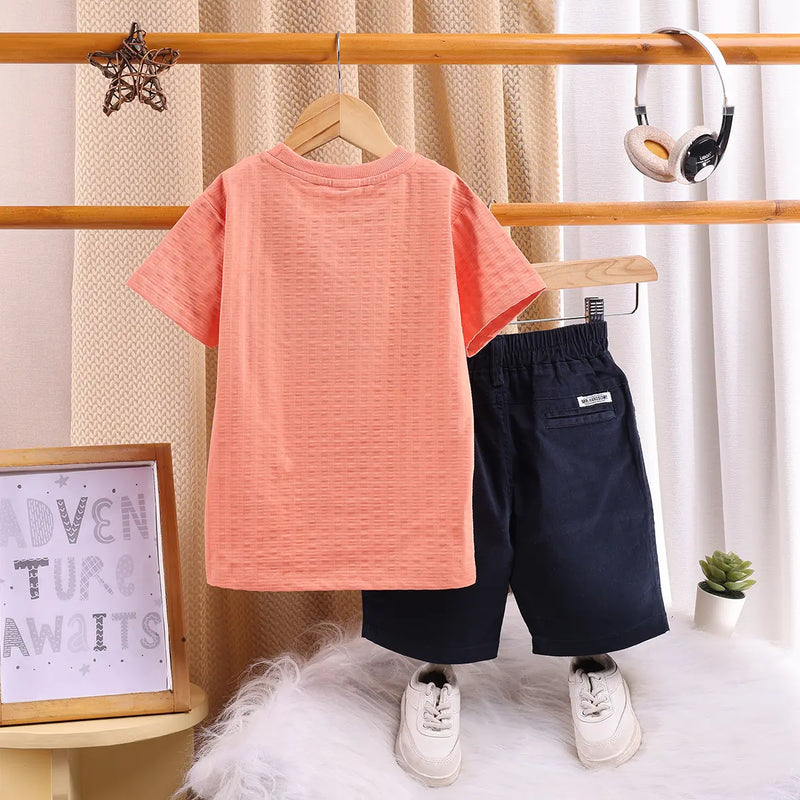 Boys Orange Typographic Applique Short Sleeve T-Shirt With Elasticated Shorts Sets 2 pc. Sets