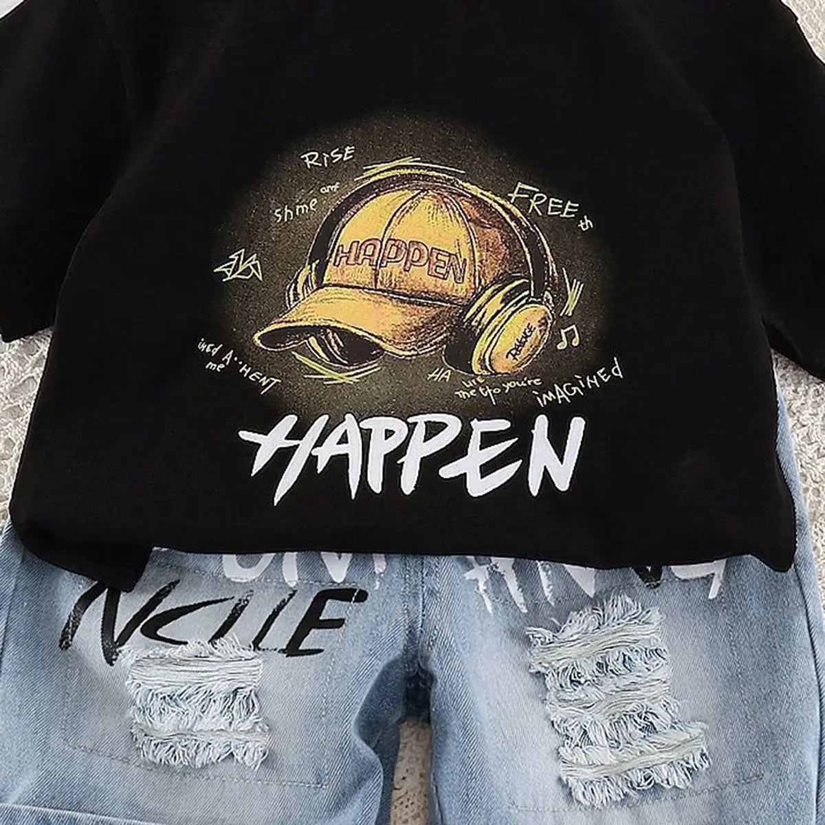 Boys Black Cap Graphic Short Sleeve T-Shirt With Distressed Denim Shorts Sets 2 pc. Sets