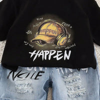 Boys Black Cap Graphic Short Sleeve T-Shirt With Distressed Denim Shorts Sets 2 pc. Sets