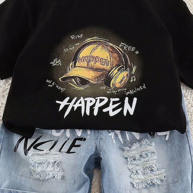 Boys Black Cap Graphic Short Sleeve T-Shirt With Distressed Denim Shorts Sets 2 pc. Sets