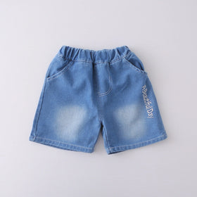Boys Yellow Typographic Print T-Shirt With Denim Shorts Set Sets