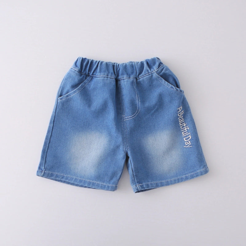 Boys Yellow Typographic Print T-Shirt With Denim Shorts Set Sets