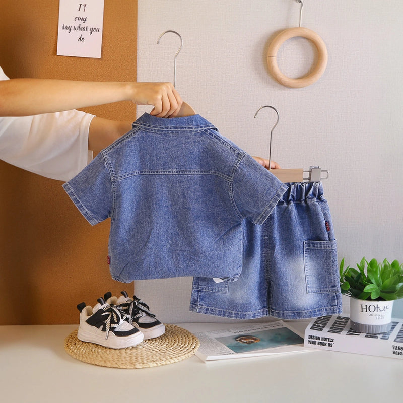Boys Blue Denim Shirt & Shorts With Sleeveless T-Shirt Sets Sets