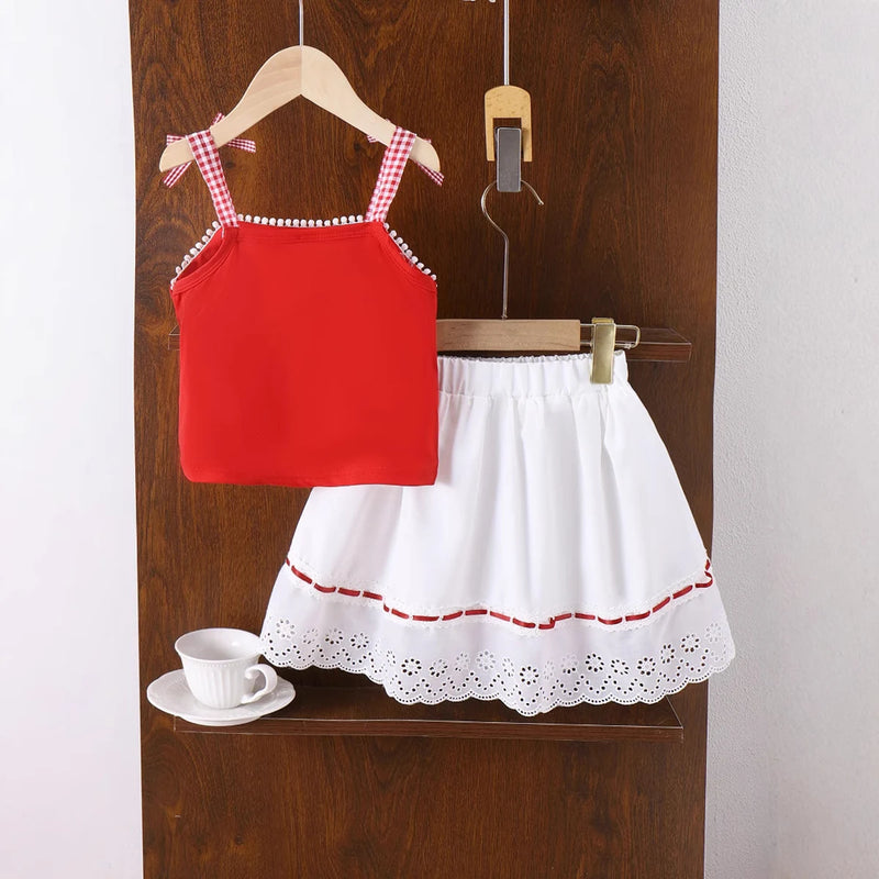 Girls Red Cherry Applique Sleeveless Top With Skirt Sets 2 pc. Sets