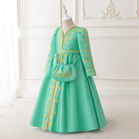 Girls Green Long Sleeve Embroidered Fit & Flare Dress Casual Dresses