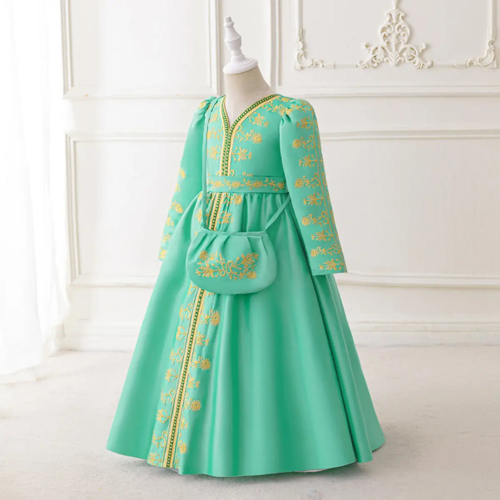 Girls Green Long Sleeve Embroidered Fit & Flare Dress Casual Dresses