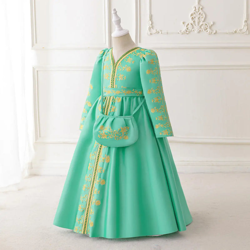 Girls Green Long Sleeve Embroidered Fit & Flare Dress Casual Dresses