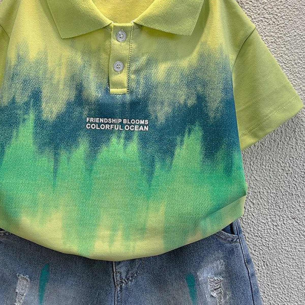 Boys Green Typography Print Short Sleeve Polo T-Shirt With Denim Shorts Sets 2 pc. Sets