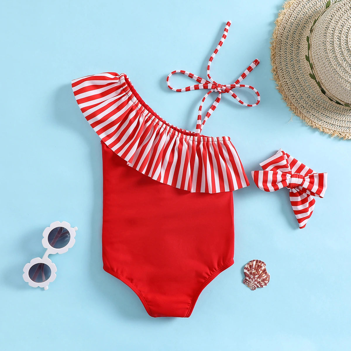 Girls Red One Shoulder Swimwear Bodysuit With Strips Ruffle & Hairband Beachwear
