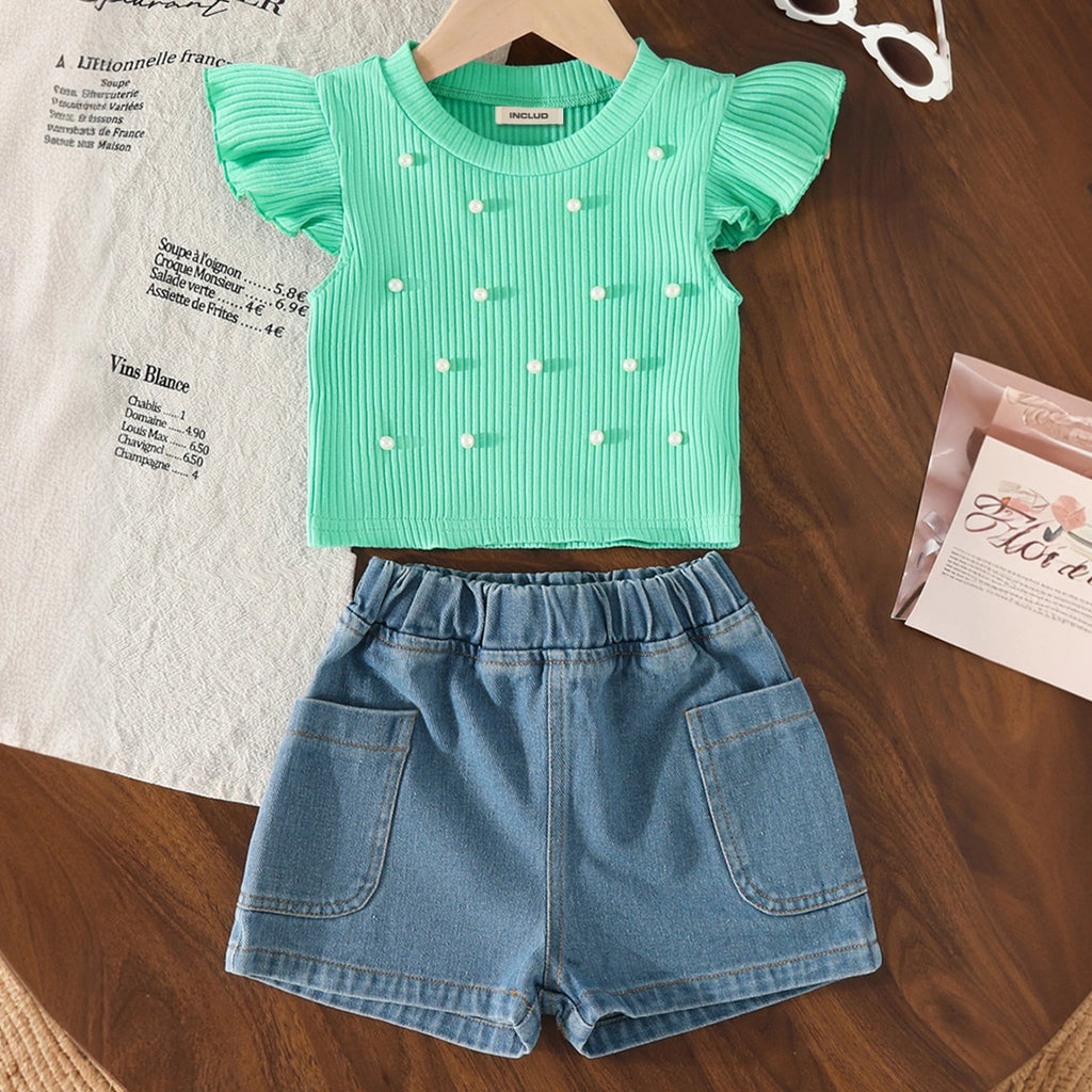 Girls Green Pearl Embellished Top With Denim Shorts Set Sets Green 2-3 Y