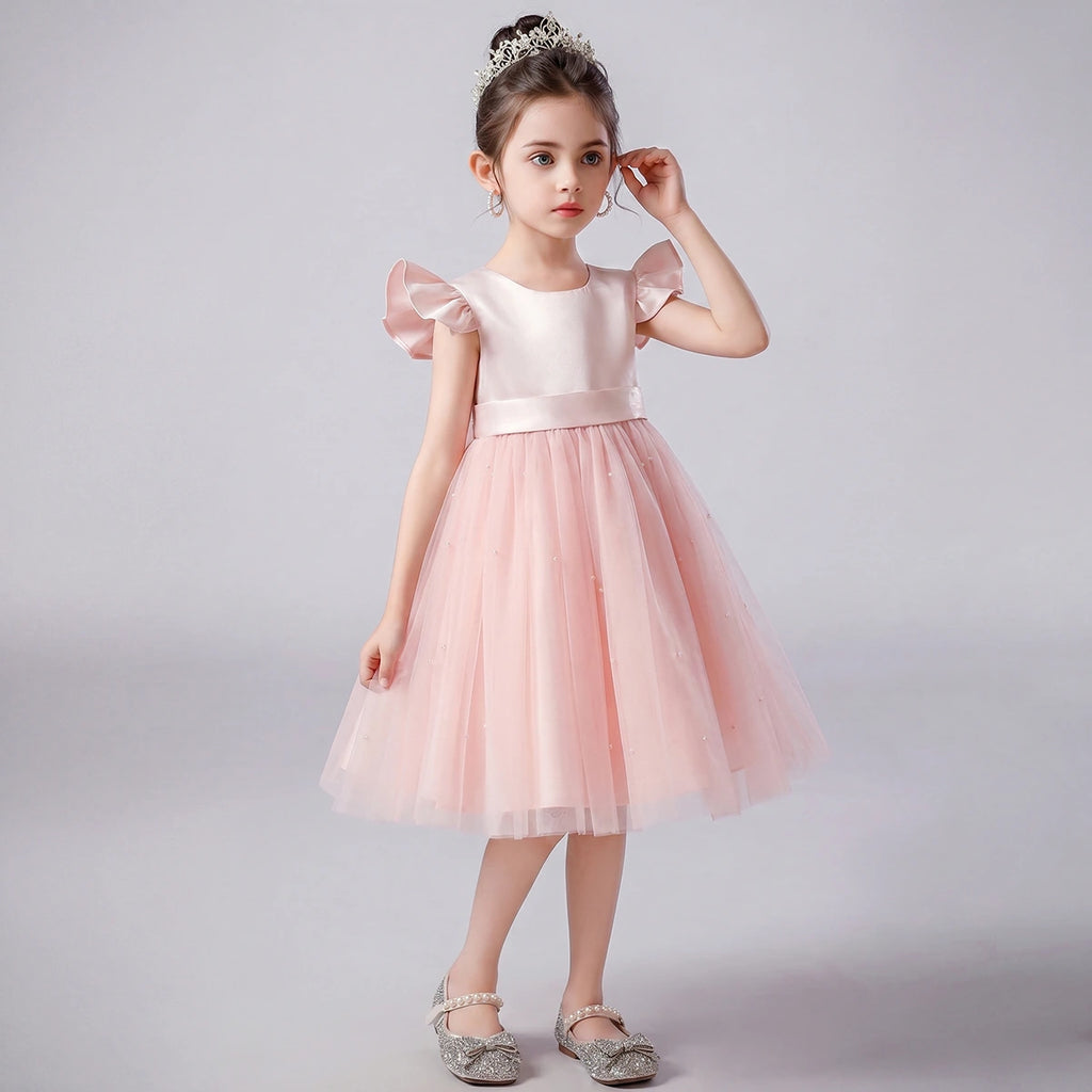 Girls Light Pink Pearl-Embellished Flutter Sleeve Fit & Flare Dress Casual Dresses