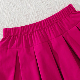Girls White Textured Flutter Sleeve Top With Pleated Skirt Sets Sets