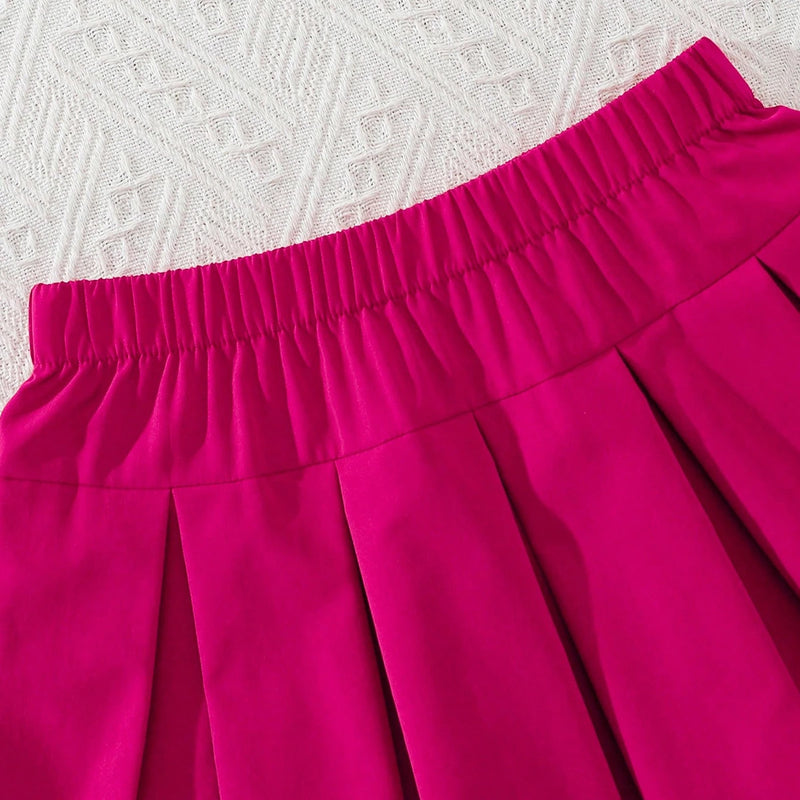 Girls White Textured Flutter Sleeve Top With Pleated Skirt Sets Sets