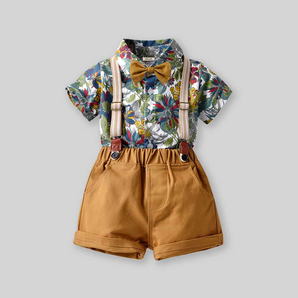 Boys Floral Print Shirt with Bow & Suspender Shorts Set