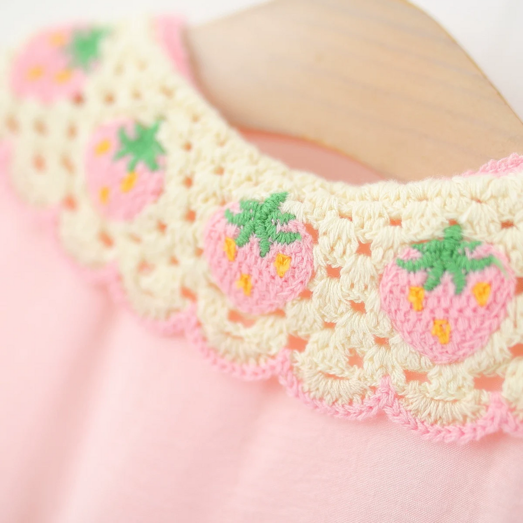 Girls Pink Strawberry Crochet Collar Sleeveless Fit & Flare Dress Casual Dresses