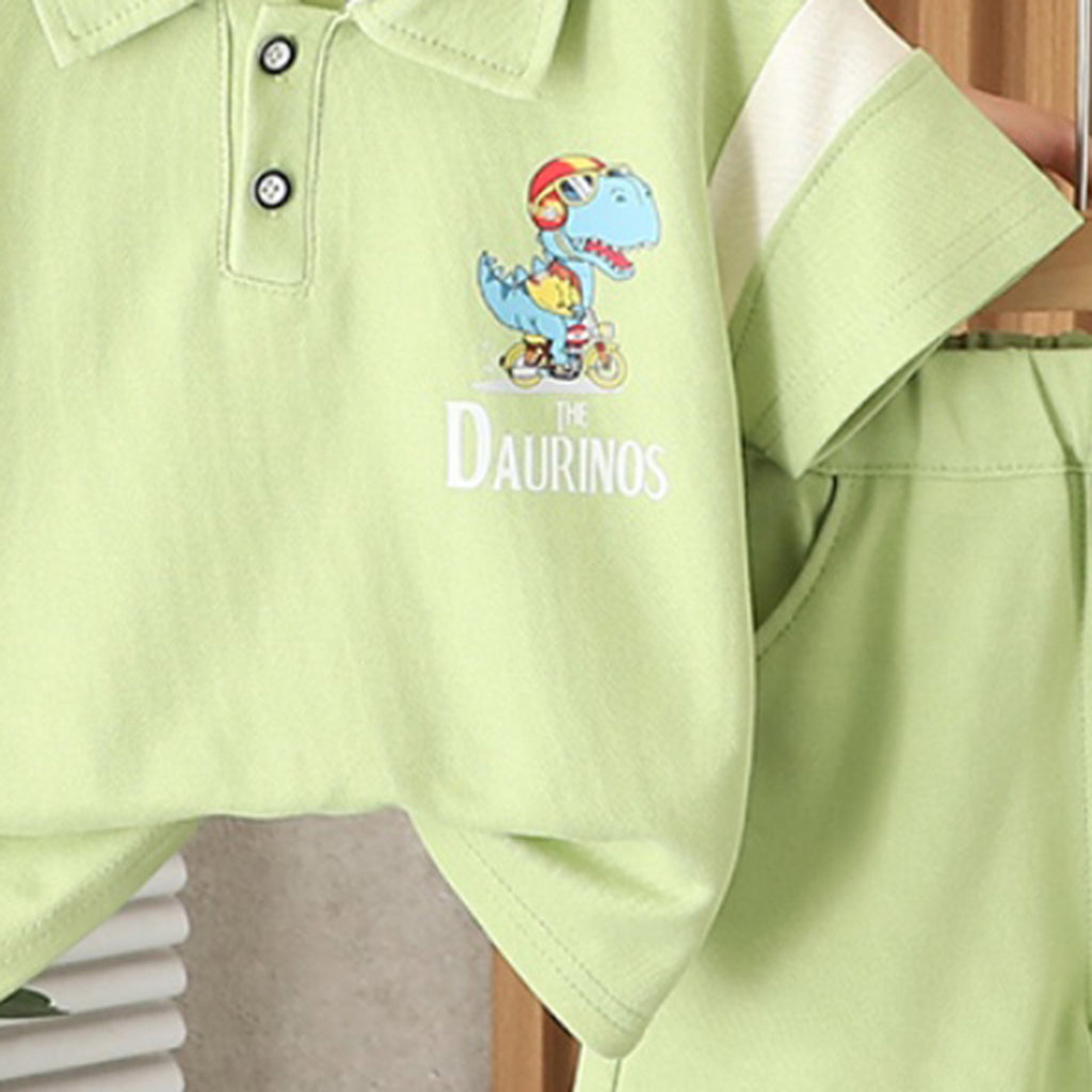 Boys Sea Green Graphic Printed Color-blocked Polo T-Shirt With Shorts Set 2 pc. Sets
