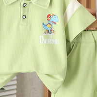 Boys Sea Green Graphic Printed Color-blocked Polo T-Shirt With Shorts Set 2 pc. Sets