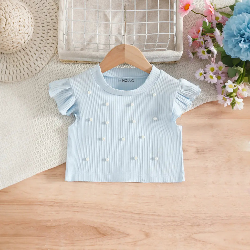 Girls Light Blue Pearl-Embellished Top With Tiered Tulle Tutu Skirt Sets Sets