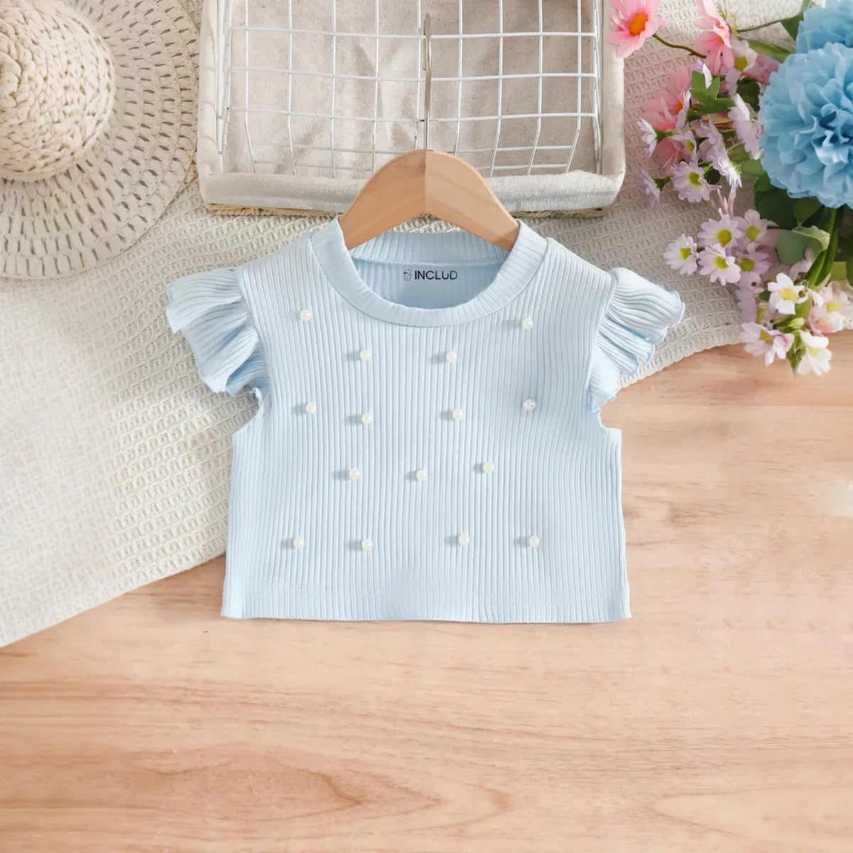 Girls Light Blue Pearl-Embellished Top With Tiered Tulle Tutu Skirt Sets Sets