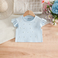 Girls Light Blue Pearl-Embellished Top With Tiered Tulle Tutu Skirt Sets Sets