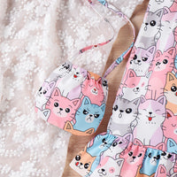 Girls Multicolor Cat Print Cap Sleeve Flared Dress With Bag Casual Dresses