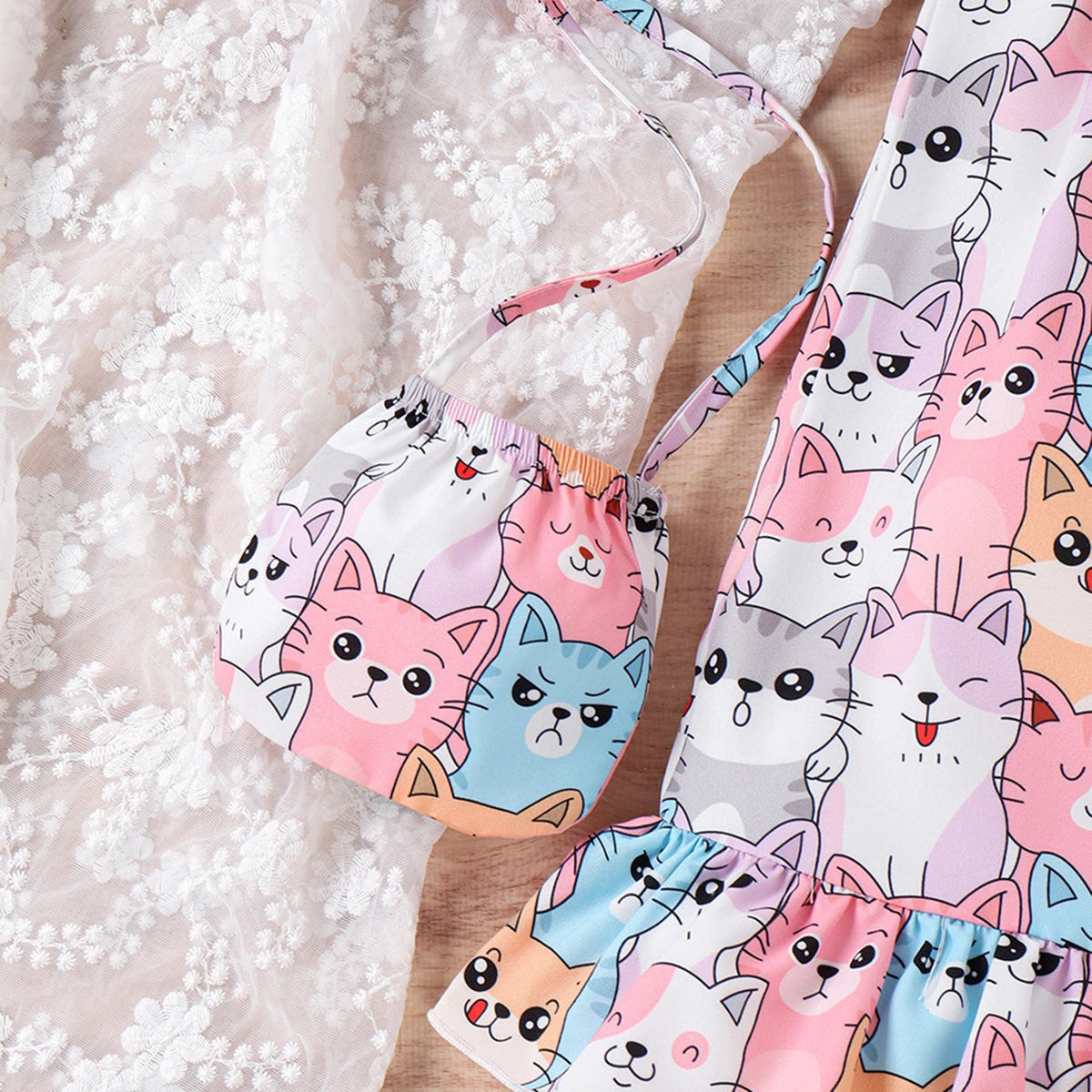 Girls Multicolor Cat Print Cap Sleeve Flared Dress With Bag Casual Dresses