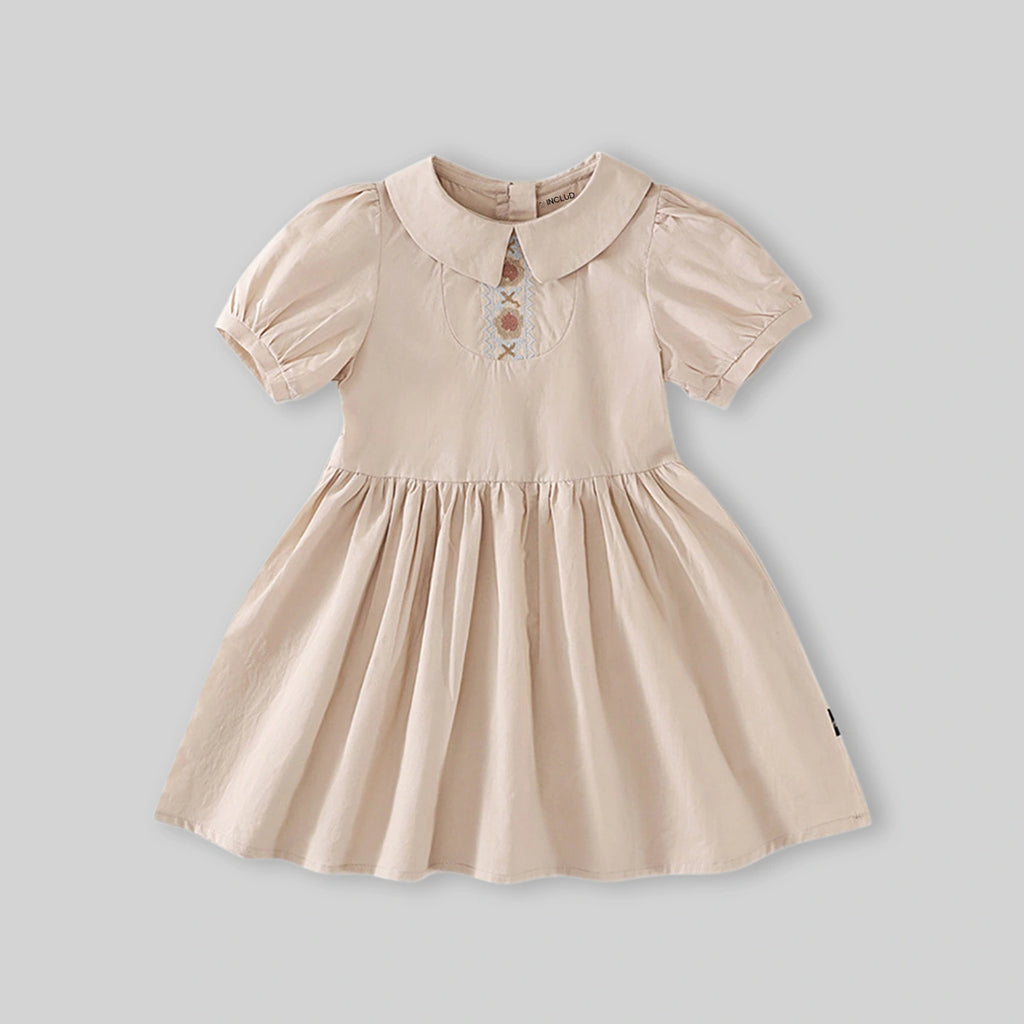Girls Khaki Embroidered Short Sleeve Fit And Flare Dress Casual Dresses