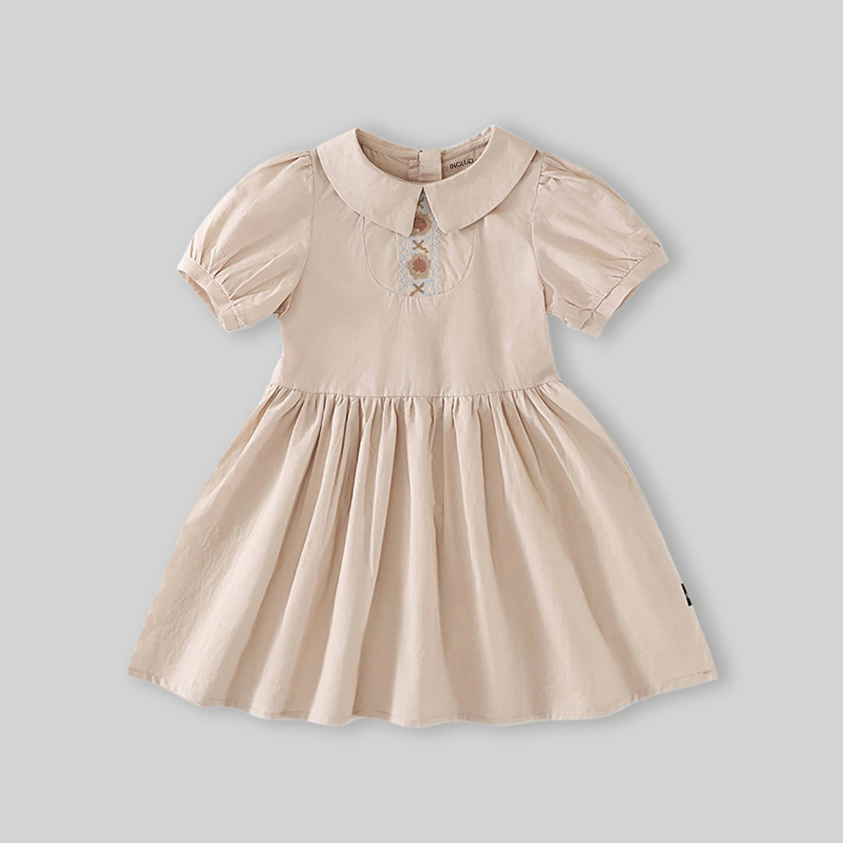 Girls Khaki Embroidered Short Sleeve Fit And Flare Dress Casual Dresses