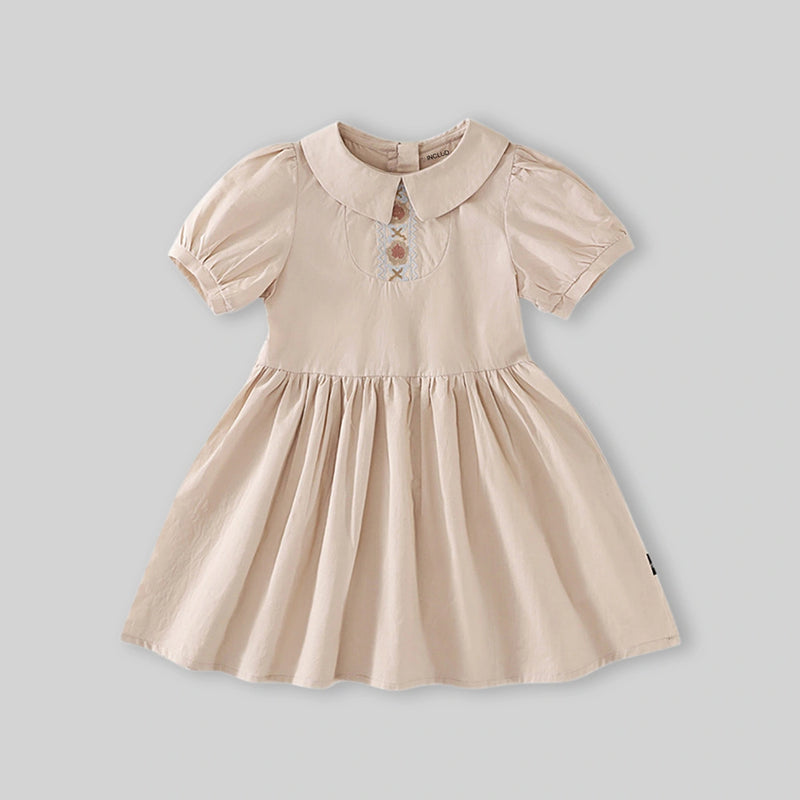 Girls Khaki Embroidered Short Sleeve Fit And Flare Dress Casual Dresses