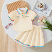 Girls Cream Heart Embroidered Polo T-Shirt With Skirt Sets 2 pc. Sets Cream 2-3 Y