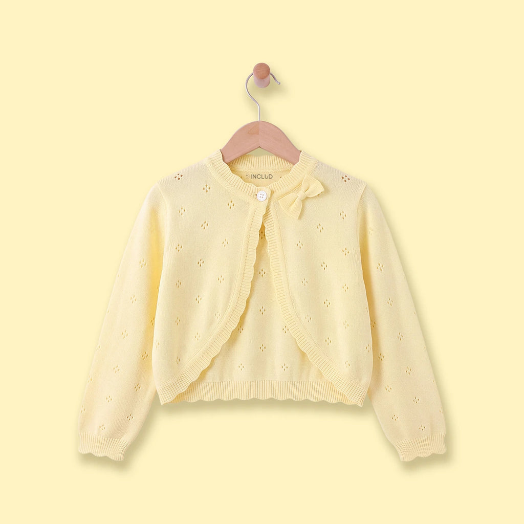Girls Yellow Eyelet Bow Applique Cardigan Sweaters & Cardigans Yellow 3-4 Y
