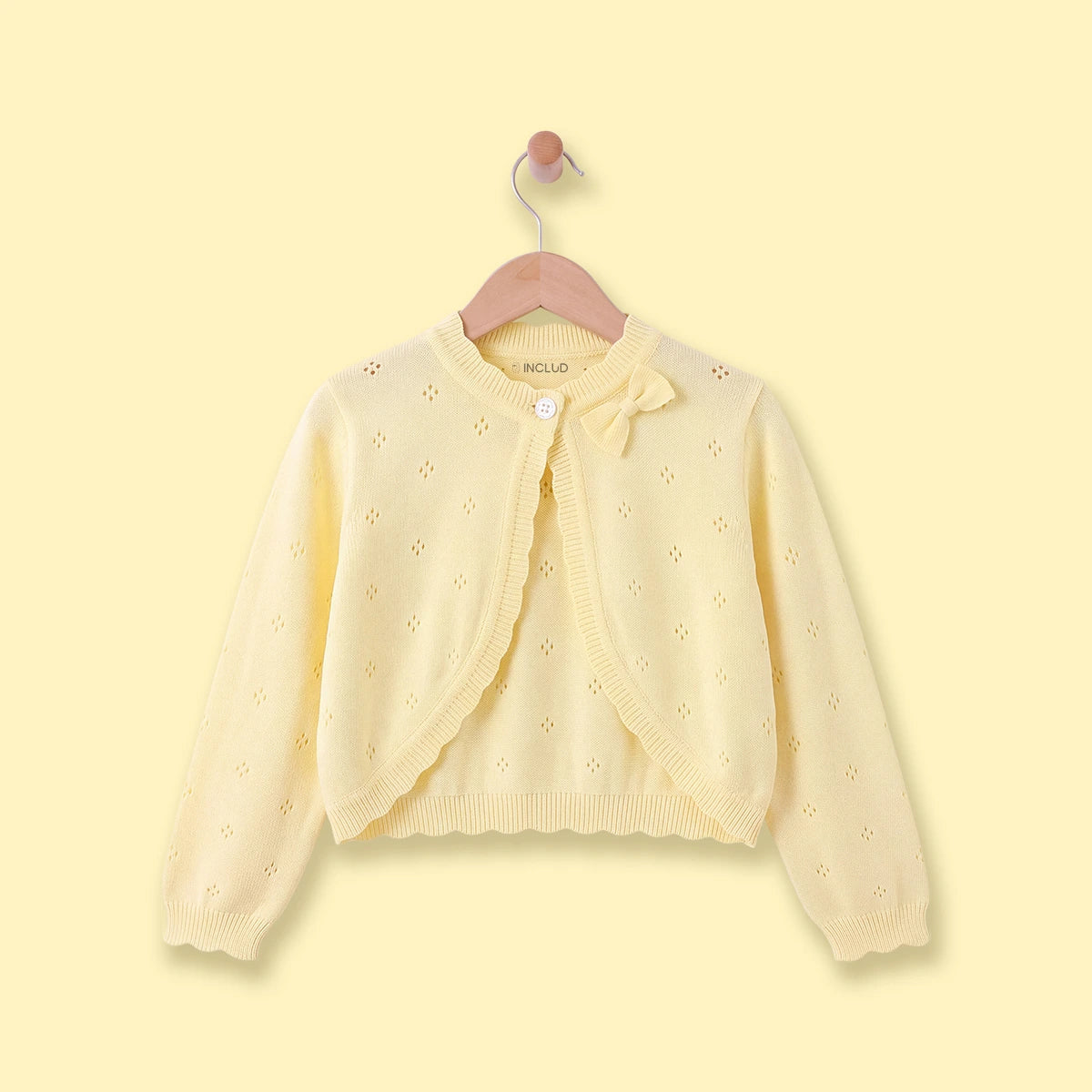 Girls Yellow Eyelet Bow Applique Cardigan Sweaters & Cardigans Yellow 3-4 Y