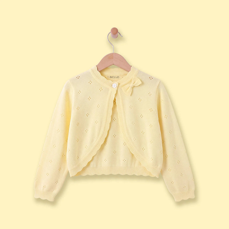 Girls Yellow Eyelet Bow Applique Cardigan Sweaters & Cardigans Yellow 3-4 Y