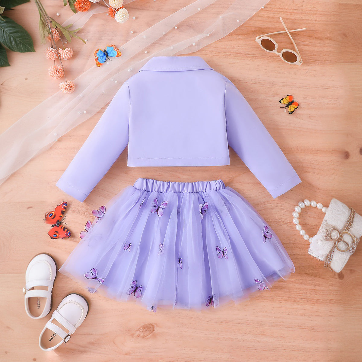 Girls Purple Long Sleeve Jacket With Camisole Top And Butterfly Embroidered Skirt Set 3 pc. Sets