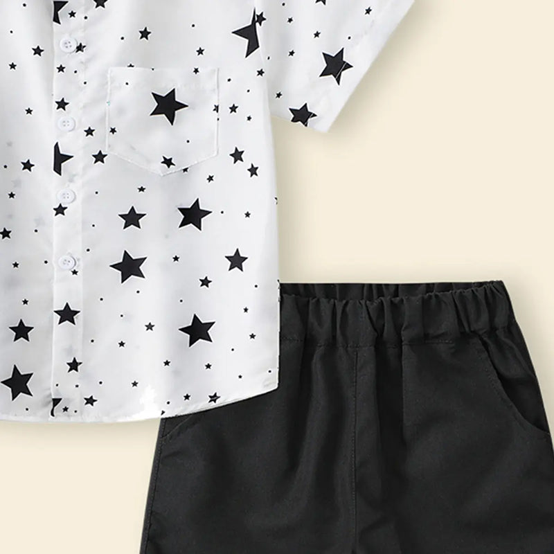 Boys White Star Print Short Sleeves Button-Down Shirt With Shorts Set Sets