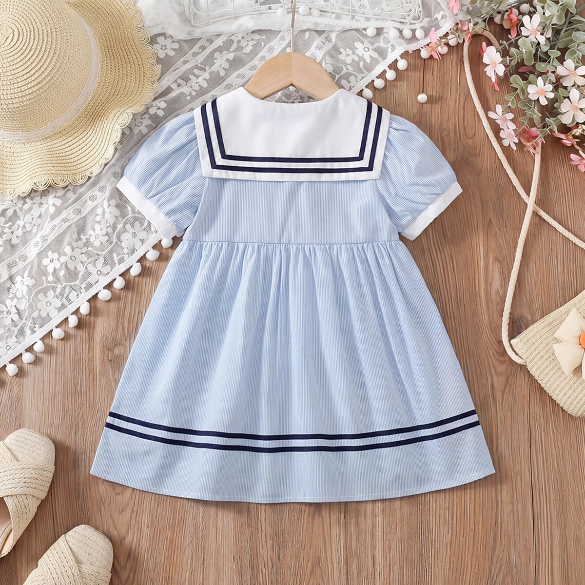 Girls Light Blue Striped Puff Sleeve Fit & Flare Dress Casual Dresses