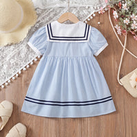 Girls Light Blue Striped Puff Sleeve Fit & Flare Dress Casual Dresses