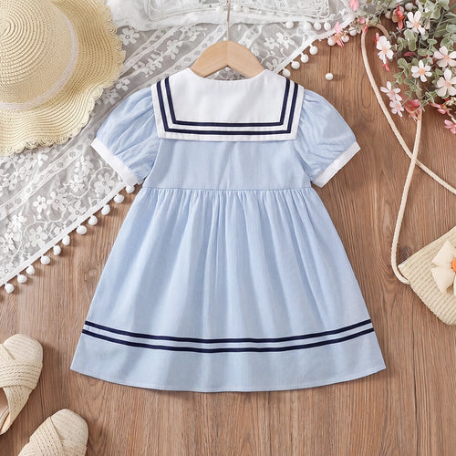 Girls Light Blue Striped Puff Sleeve Fit & Flare Dress Casual Dresses