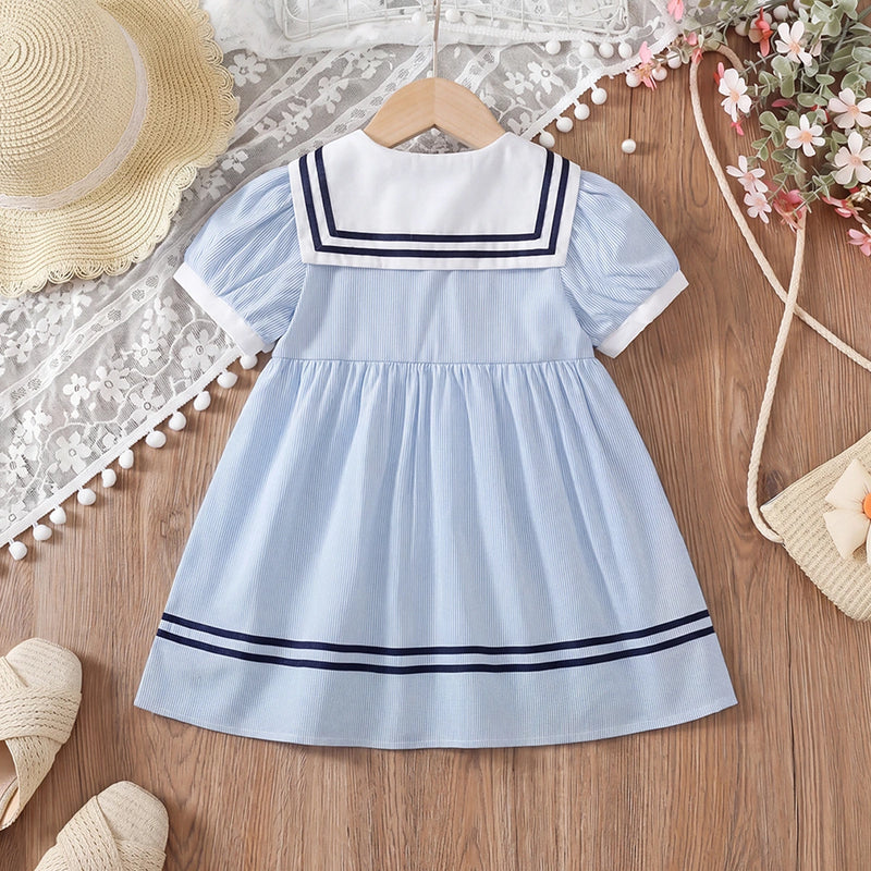 Girls Light Blue Striped Puff Sleeve Fit & Flare Dress Casual Dresses