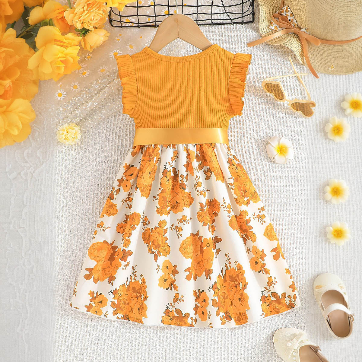 Girls Orange Floral Print Fit & Flare Dress With Satin Belt Casual Dresses