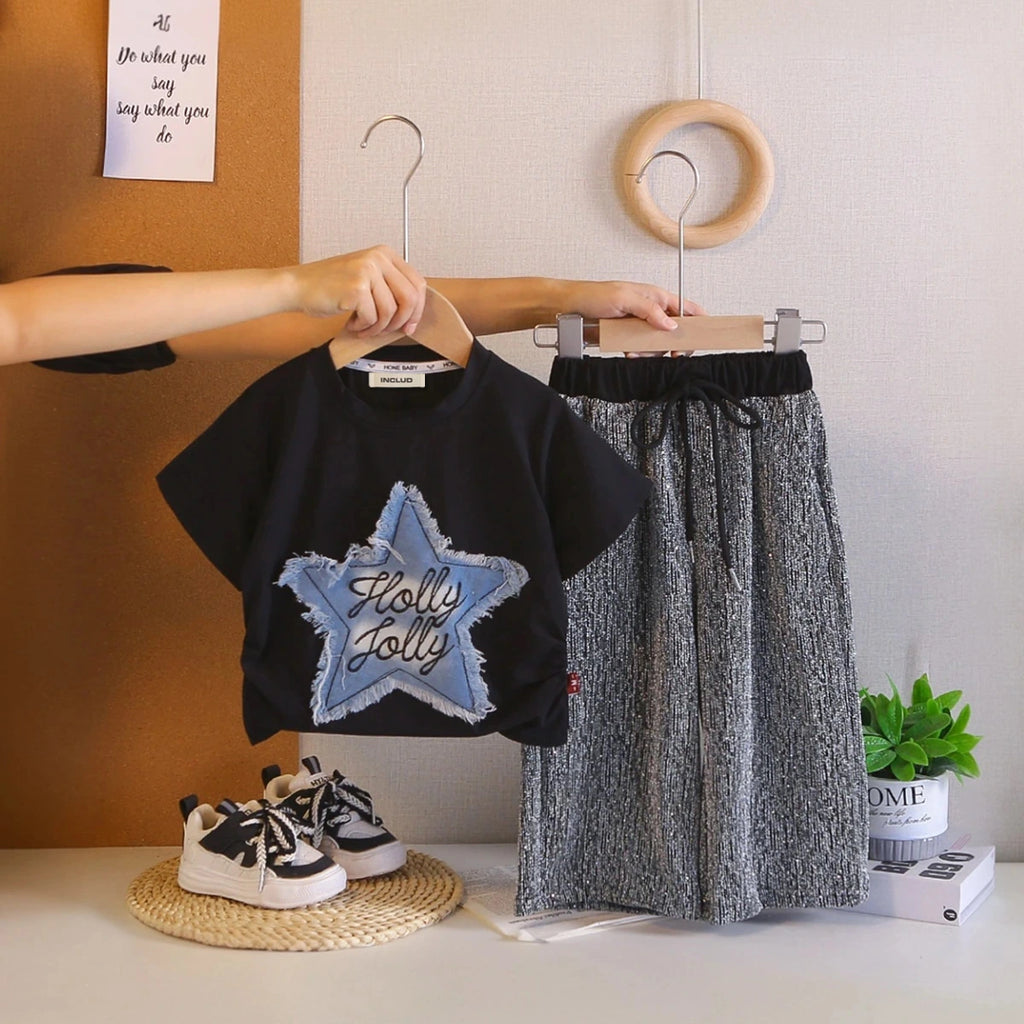Girls Black Frayed-Denim Star Applique T-Shirt With Wide-Leg Textured Pant Sets Sets Black 1-2 Y