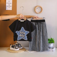 Girls Black Frayed-Denim Star Applique T-Shirt With Wide-Leg Textured Pant Sets Sets Black 1-2 Y