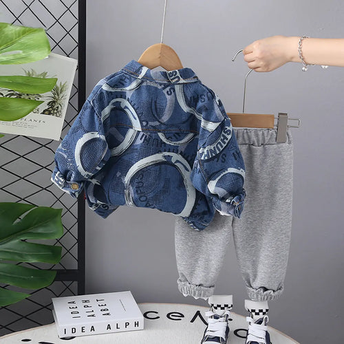 Boys White Abstract Printed Denim Jacket With T-Shirt & Jogger Sets Sets