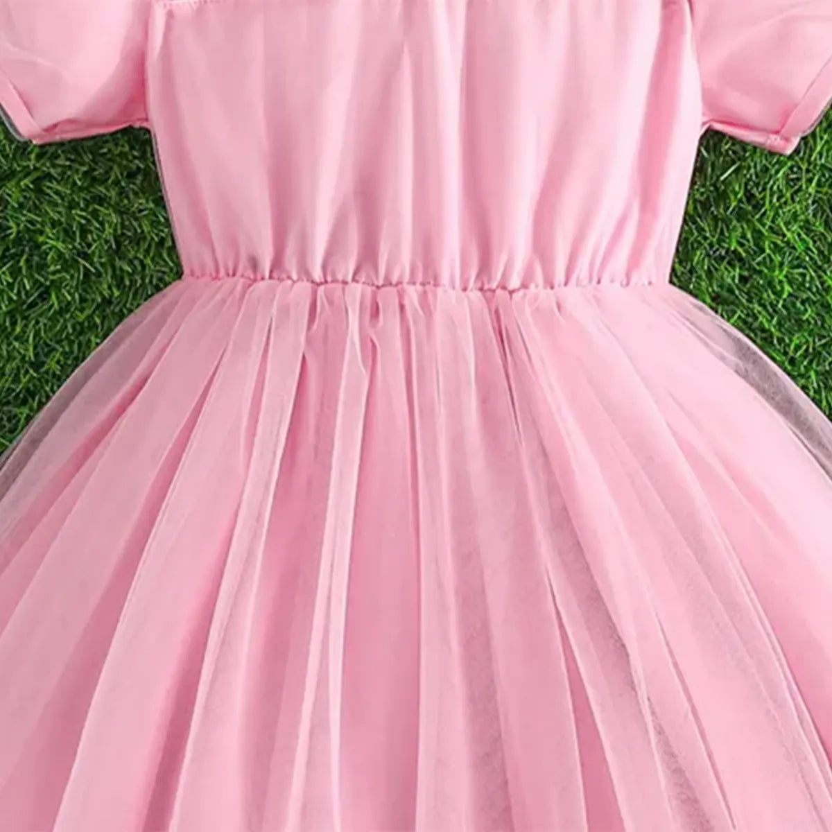 Girls Pink Tulle Overlay Fit & Flare Dress With Puff Sleeves Casual Dresses