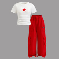 Girls Red Star Graphic Round Neck T-Shirt with Cargo Pants Sets Sets