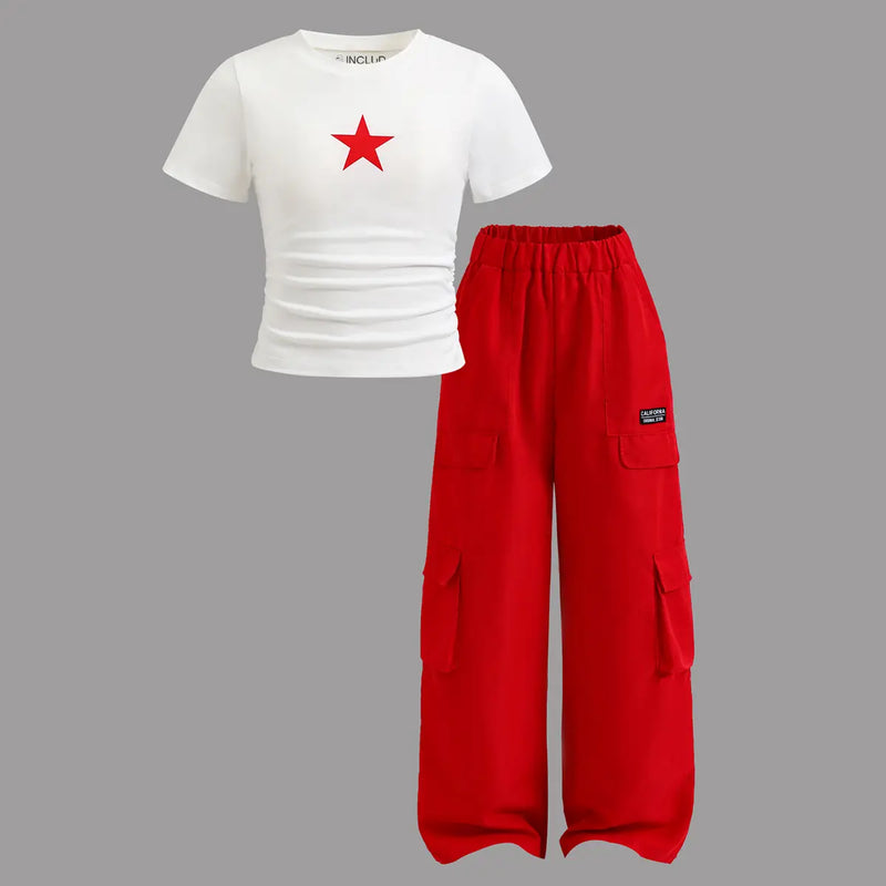 Girls Red Star Graphic Round Neck T-Shirt with Cargo Pants Sets Sets